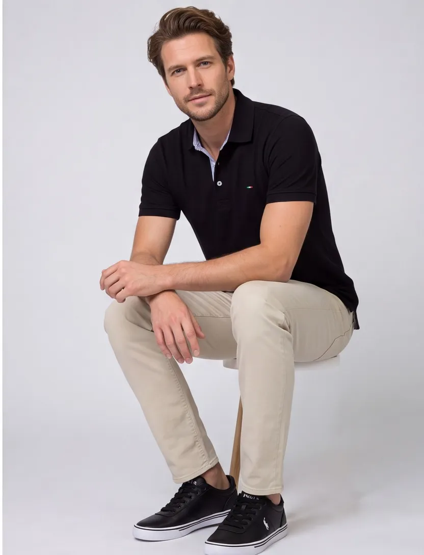 Portofino polo extra lang zwart stretch pique 3-knoops