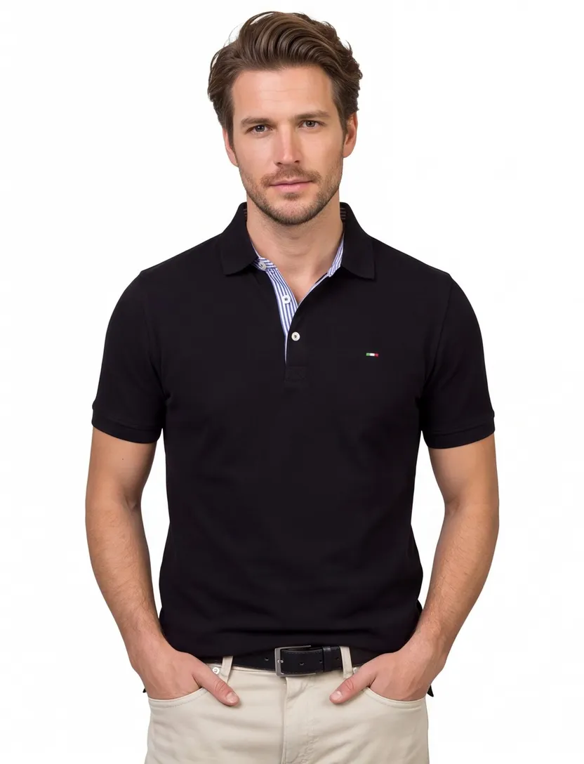 Portofino polo extra lang zwart stretch pique 3-knoops