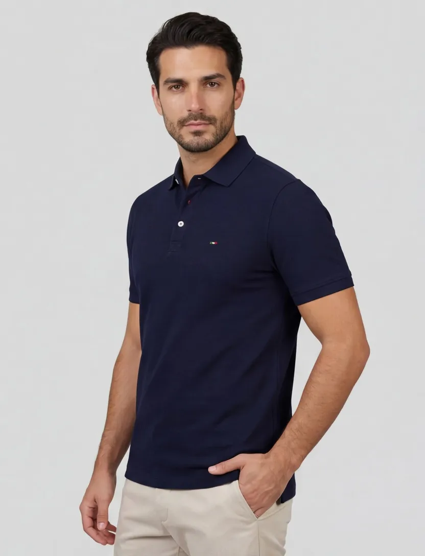 Portofino polo donkerblauw 3-knoops pique katoen