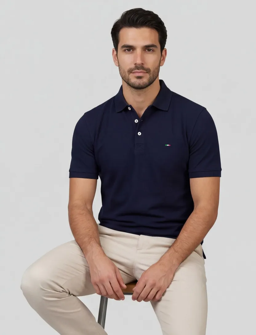 Portofino polo donkerblauw 3-knoops pique katoen