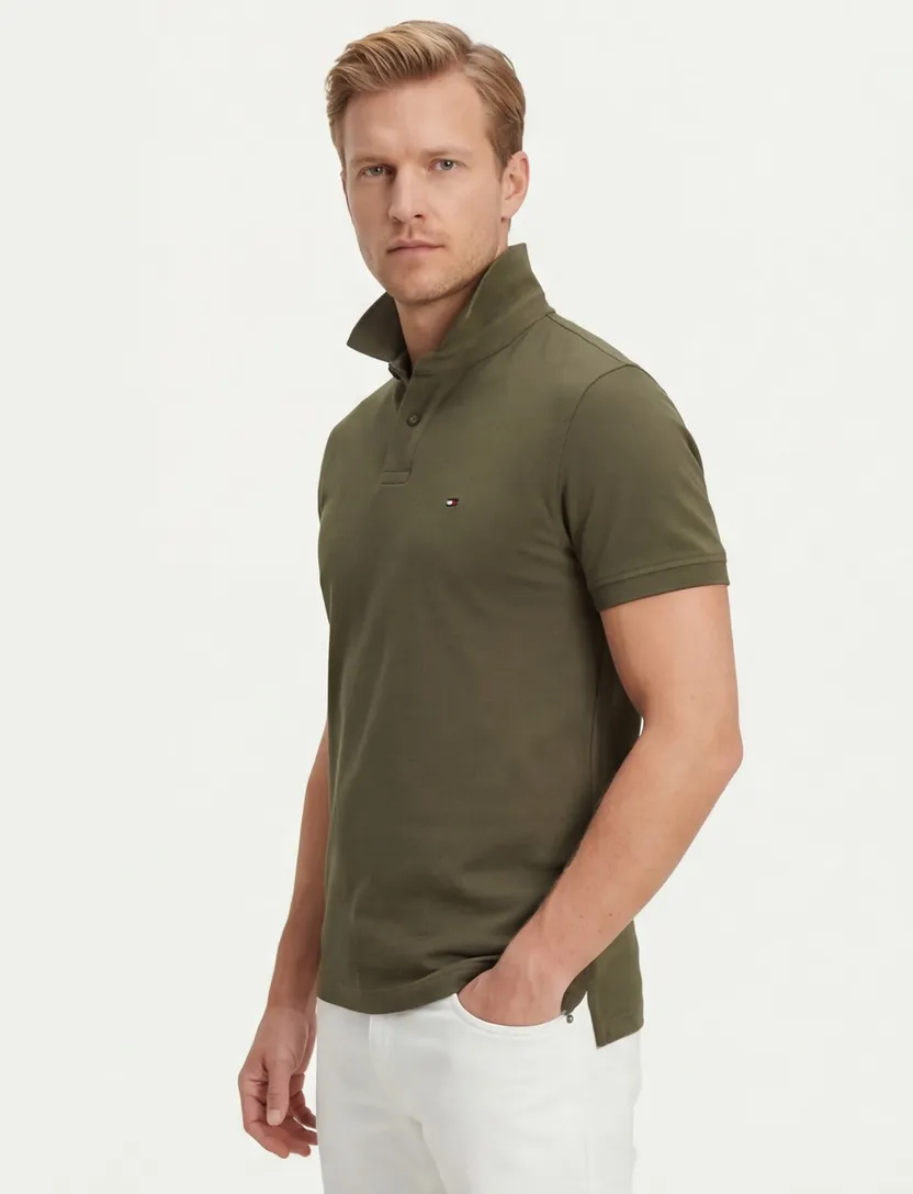katoenen Tommy Hilfiger polo olijfgroen effen normale fit