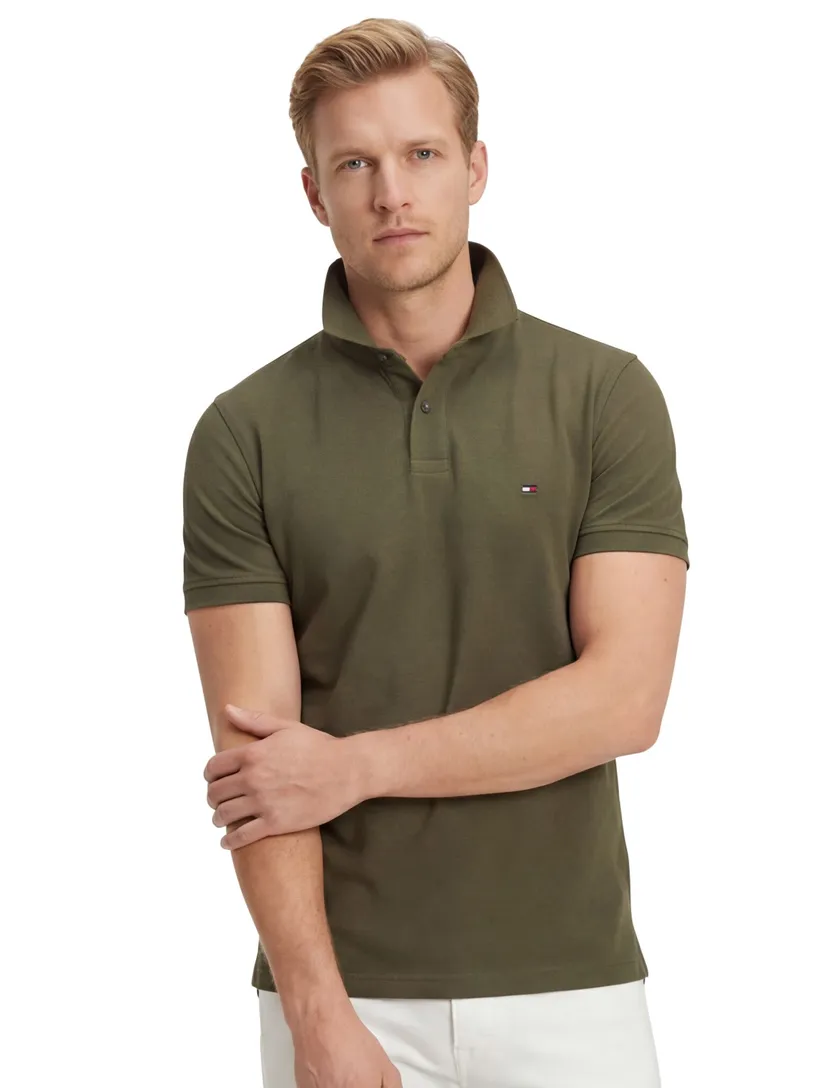 katoenen Tommy Hilfiger polo olijfgroen effen normale fit