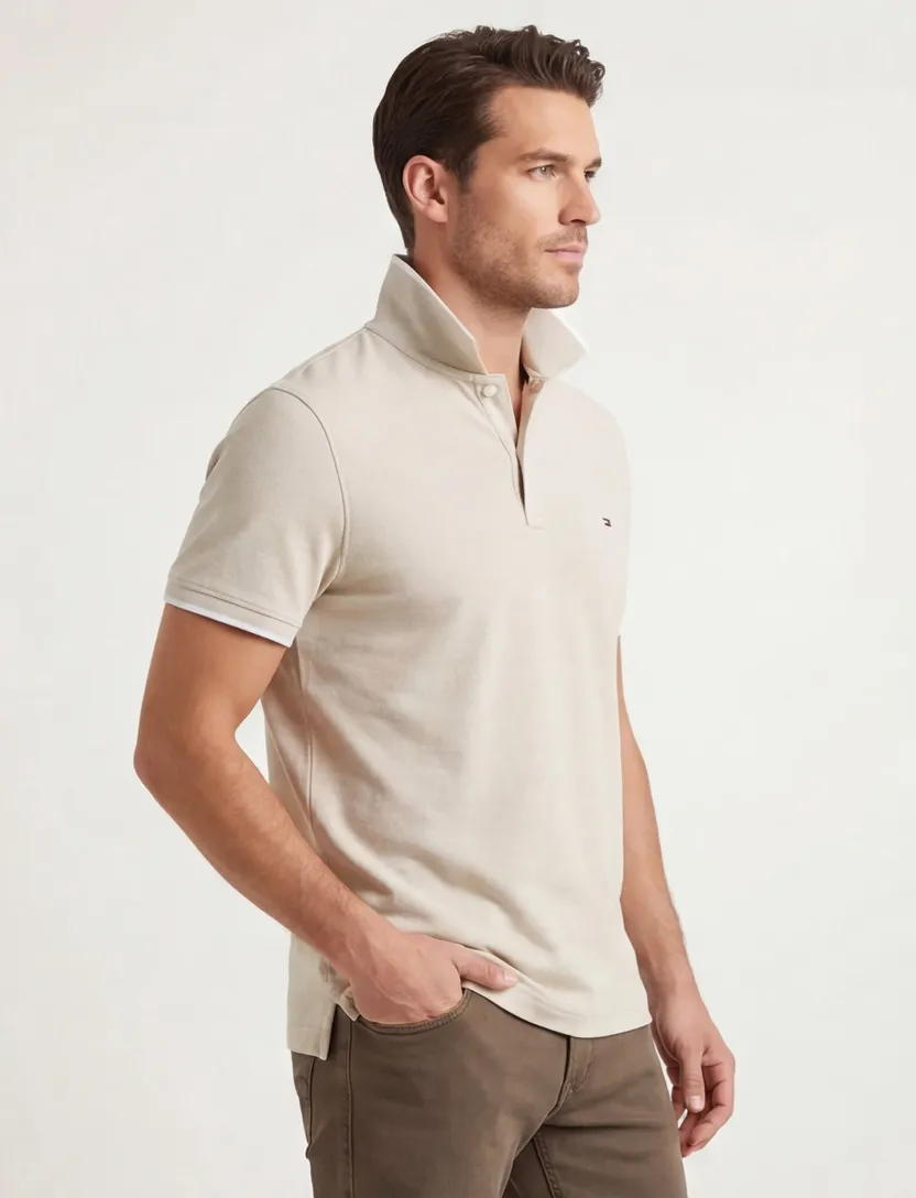 Tommy Hilfiger polo beige wit 3-knoops effen