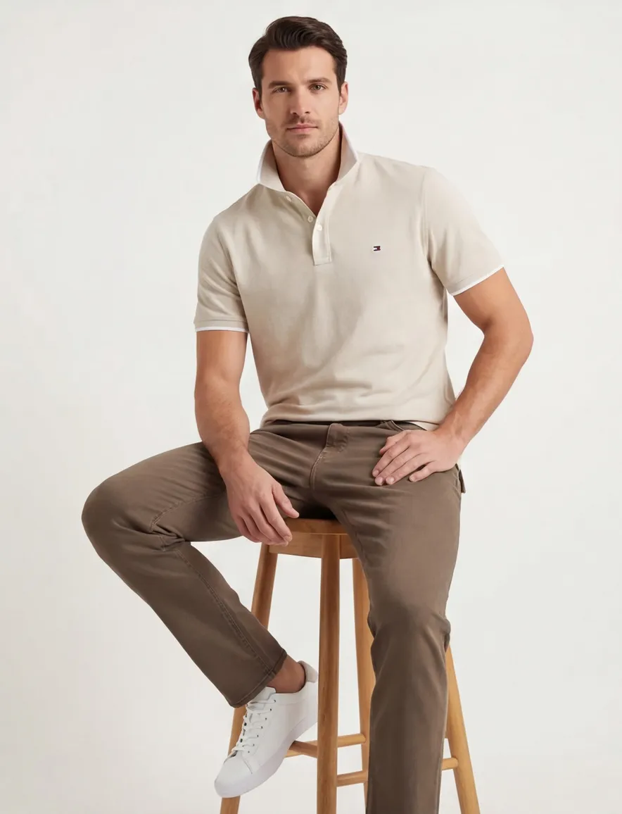 Tommy Hilfiger polo beige wit 3-knoops