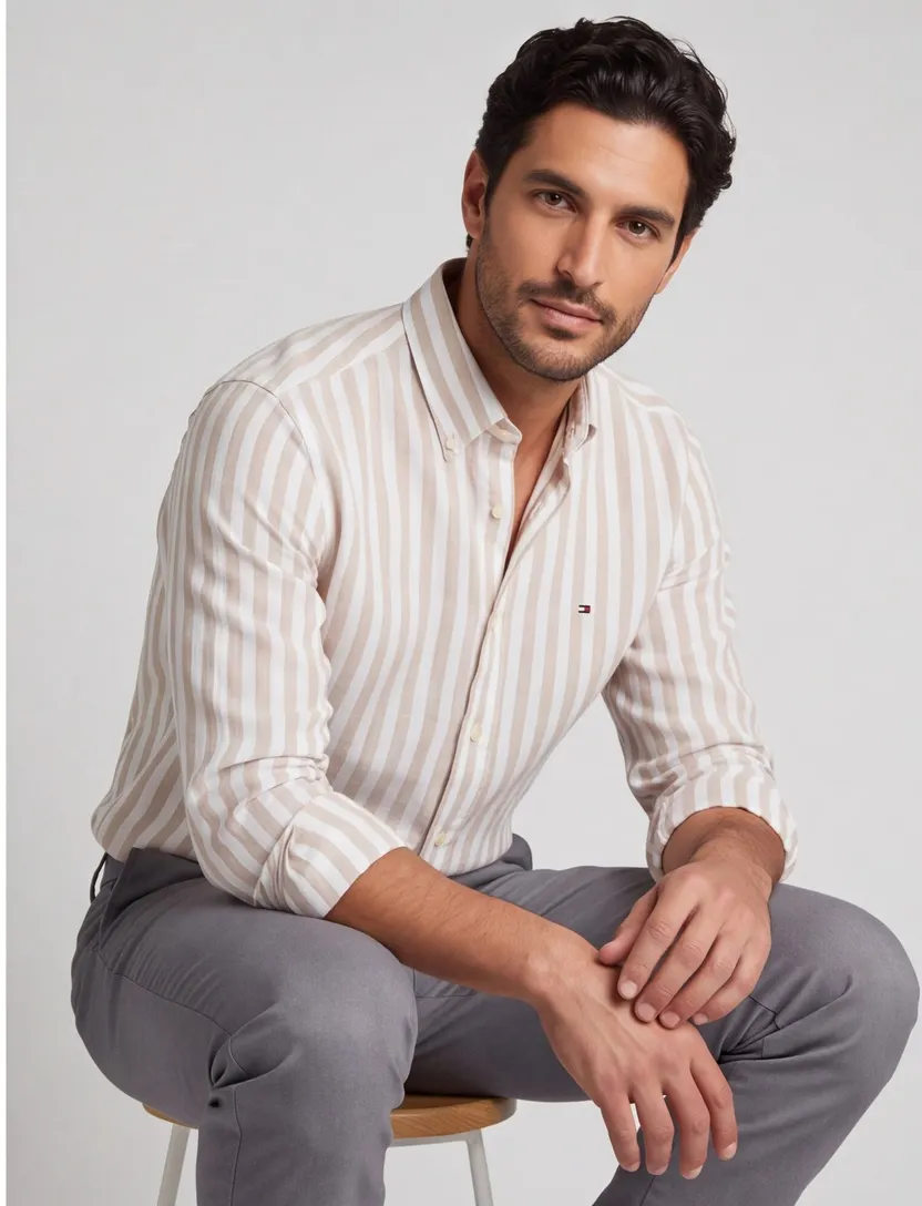 linnen Tommy Hilfiger overhemd beige wit normale fit