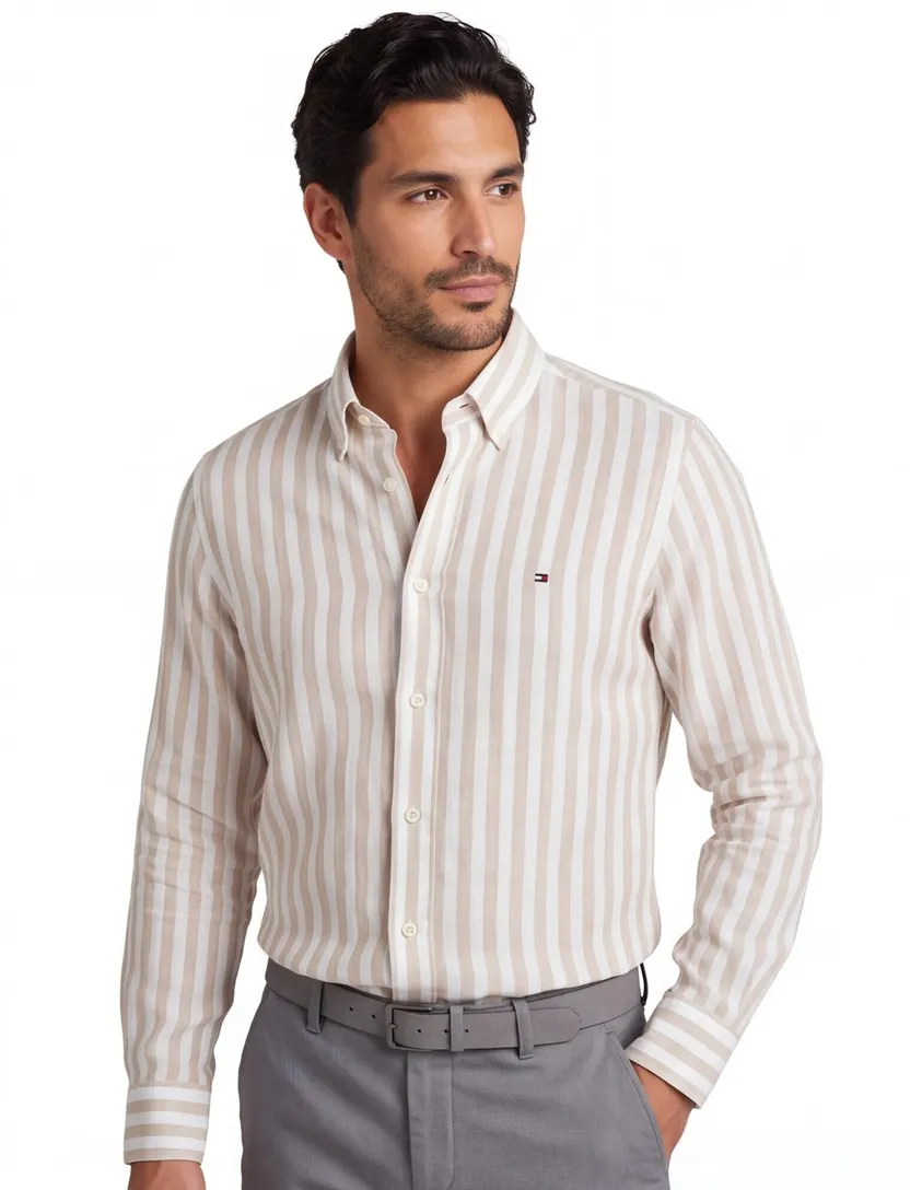 linnen Tommy Hilfiger overhemd beige wit normale fit