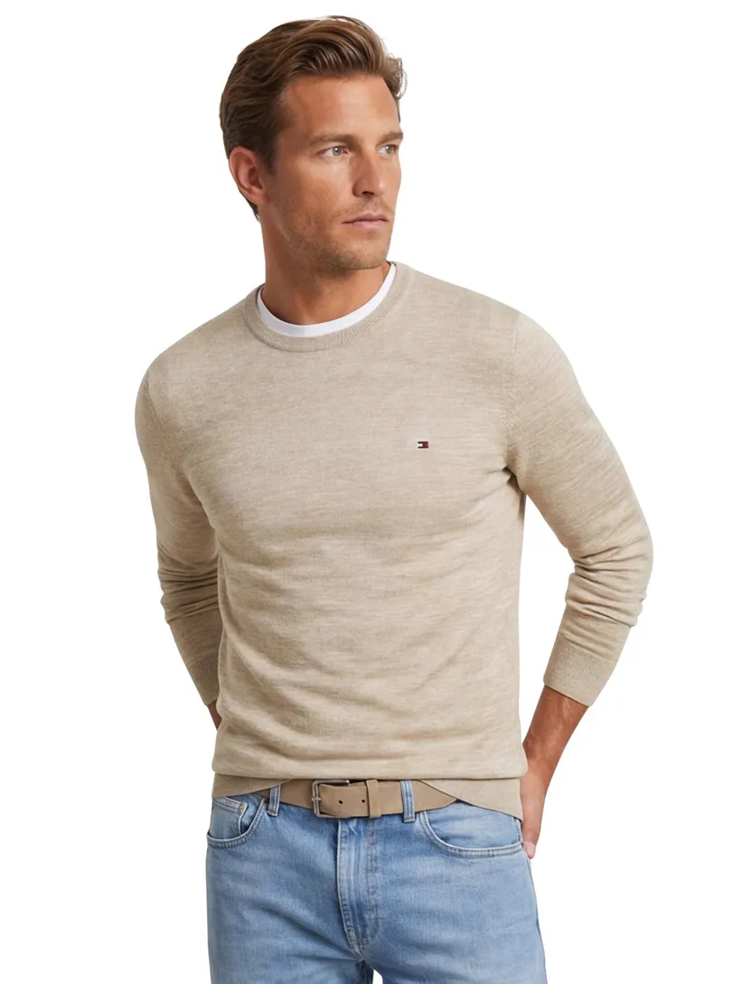 Tommy Hilfiger crew neck trui beige gemêleerd met boord