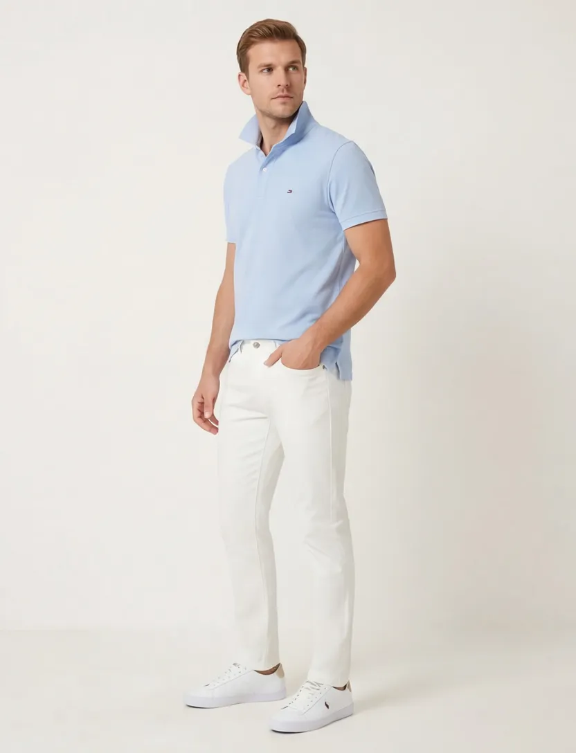 katoenen Tommy Hilfiger polo lichtblauw 3-knoops effen