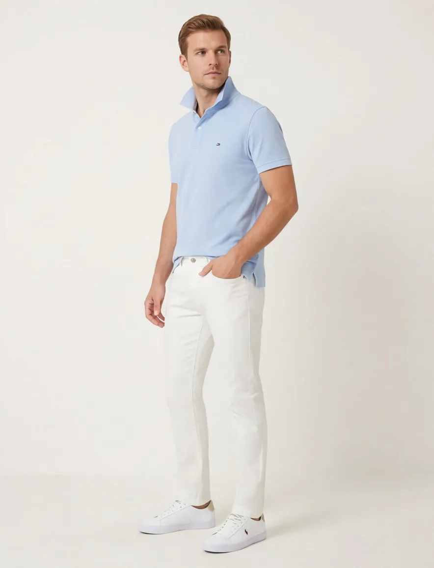 Tommy Hilfiger polo lichtblauw 3-knoops effen slim fit