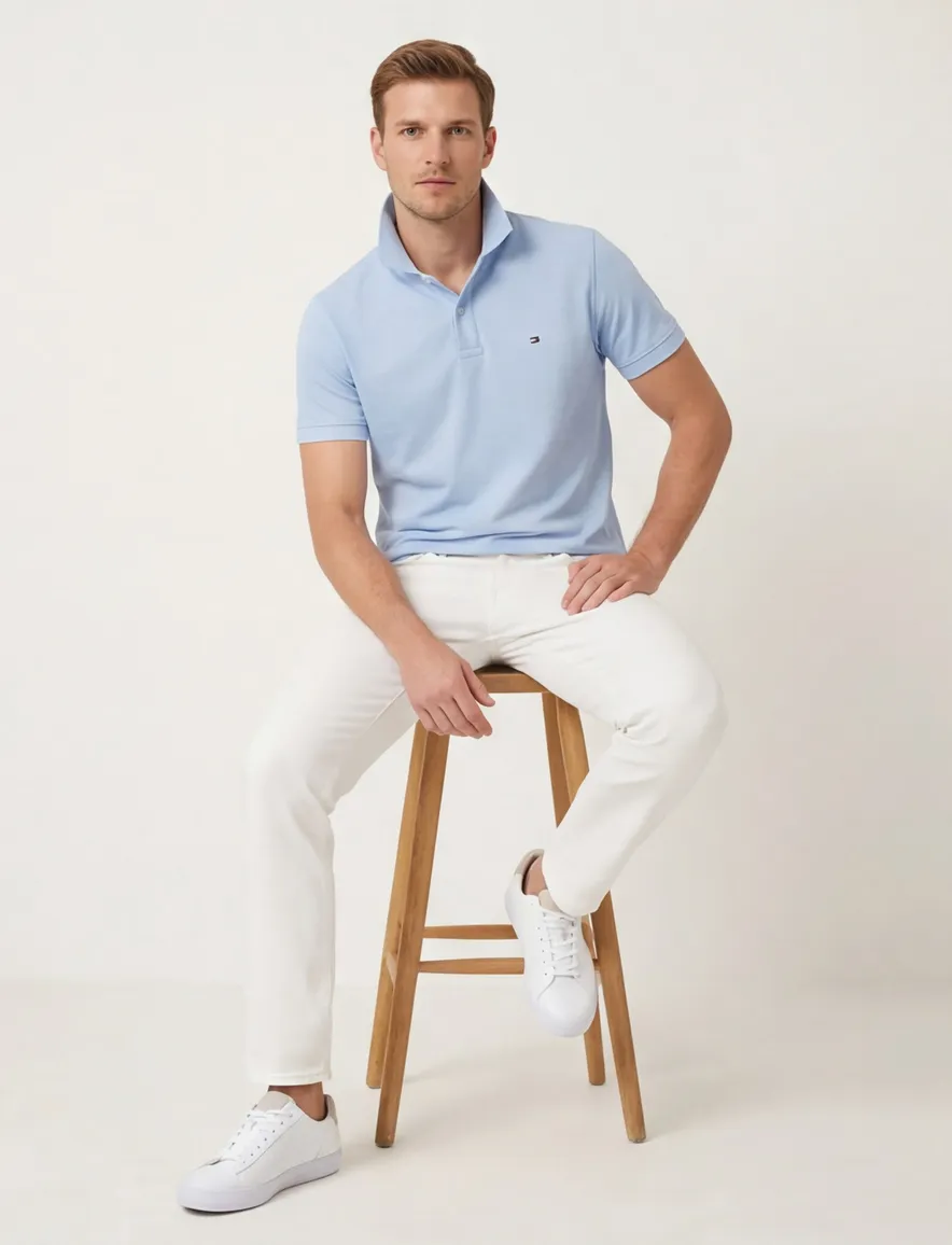 Tommy Hilfiger polo lichtblauw 3-knoops effen slim fit