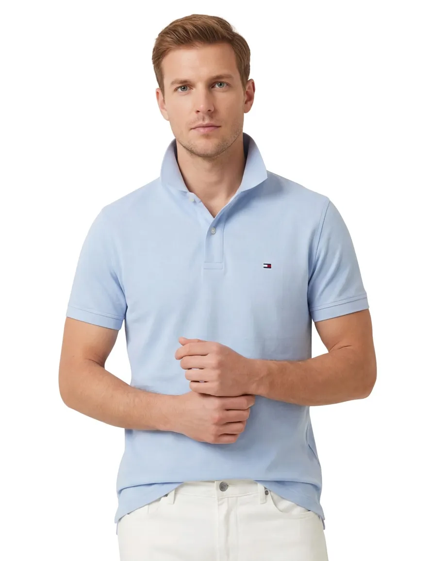 Tommy Hilfiger polo lichtblauw 3-knoops effen slim fit