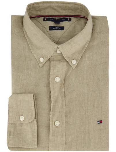 Tommy Hilfiger Tommy Hilfiger overhemd beige button down normale fit linnen