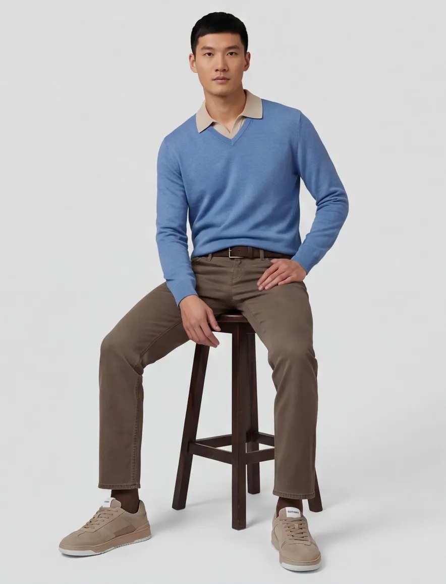 Casa Moda trui v-hals effen blauw wijde fit