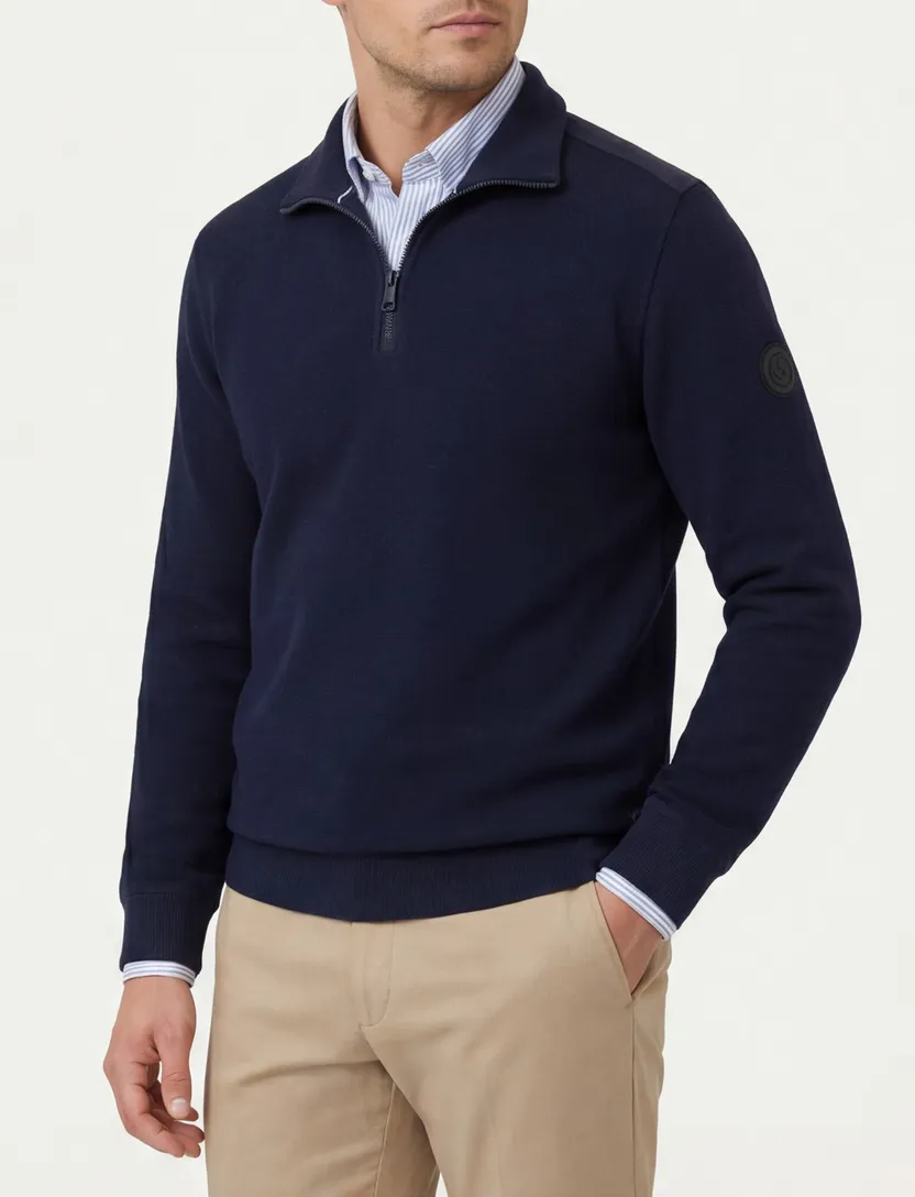 Casa Moda half zip trui donkerblauw effen katoen