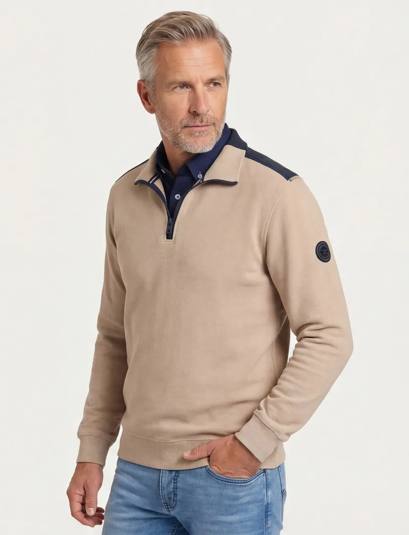 Casa Moda trui half zip creme effen katoen wijde fit