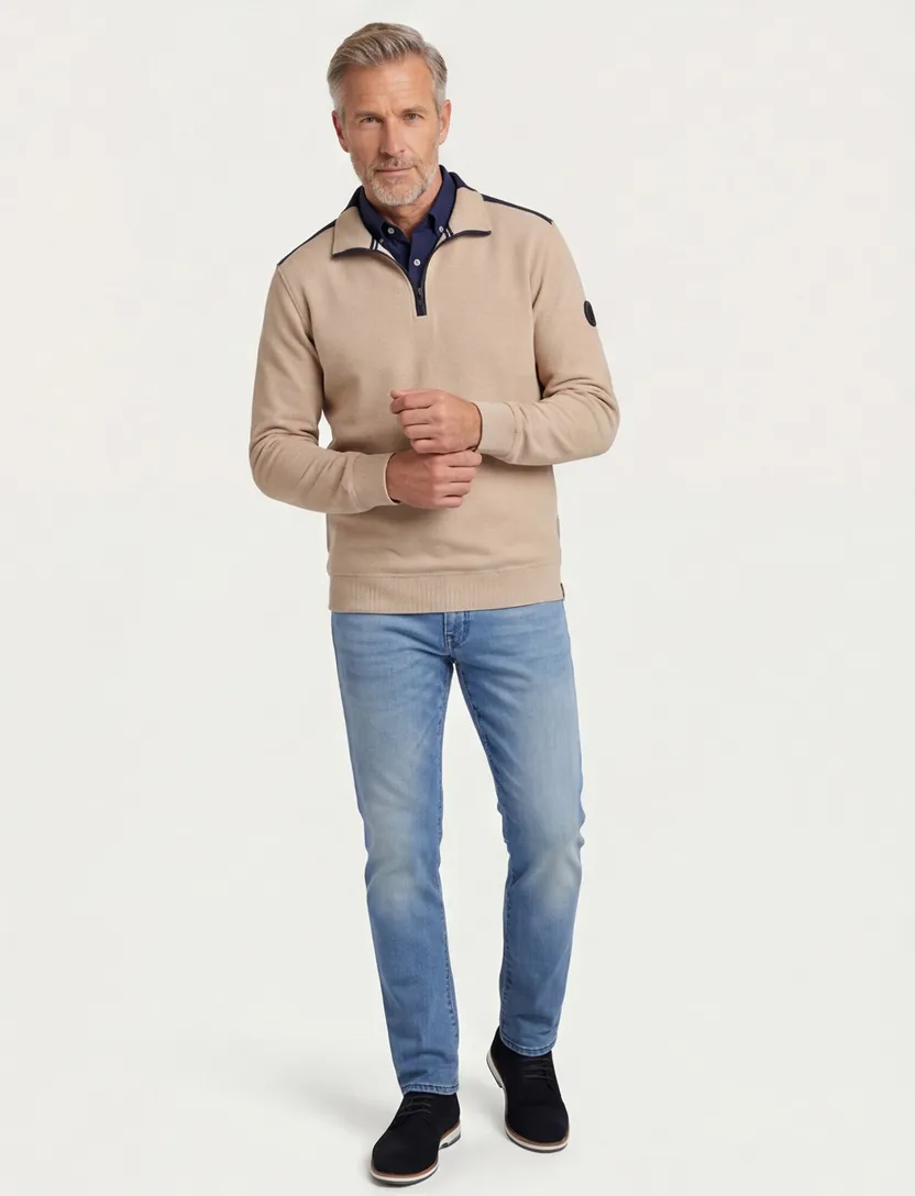Casa Moda trui half zip creme effen katoen wijde fit