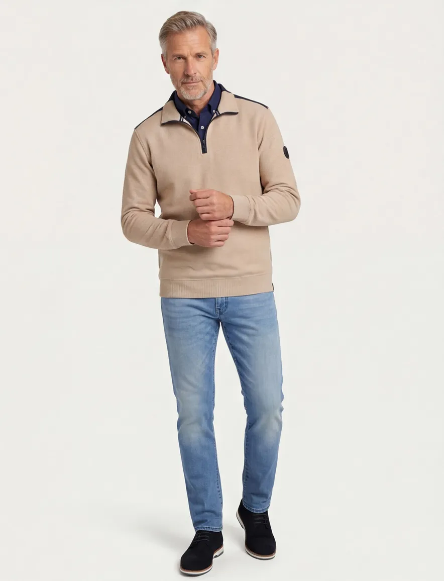 Casa Moda trui half zip creme effen katoen wijde fit