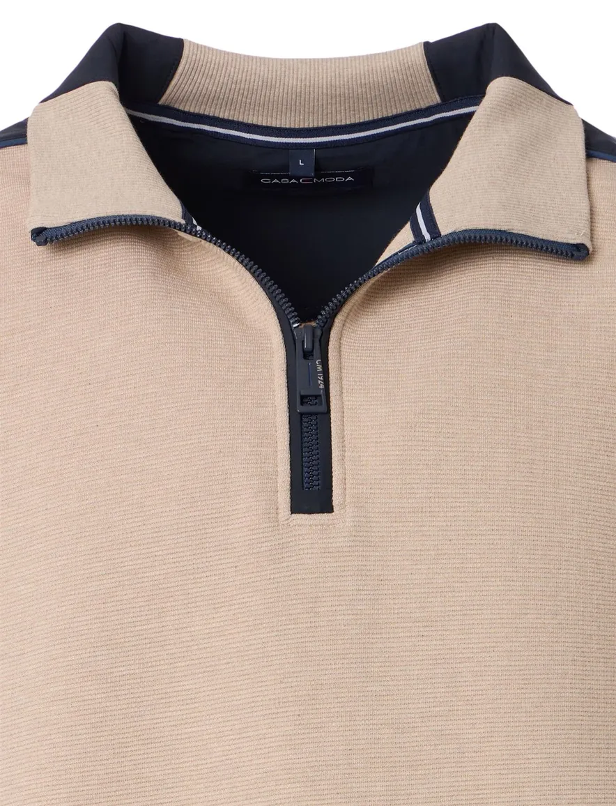 Casa Moda trui half zip creme effen katoen wijde fit
