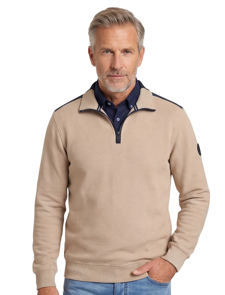 Casa Moda trui half zip creme effen katoen wijde fit