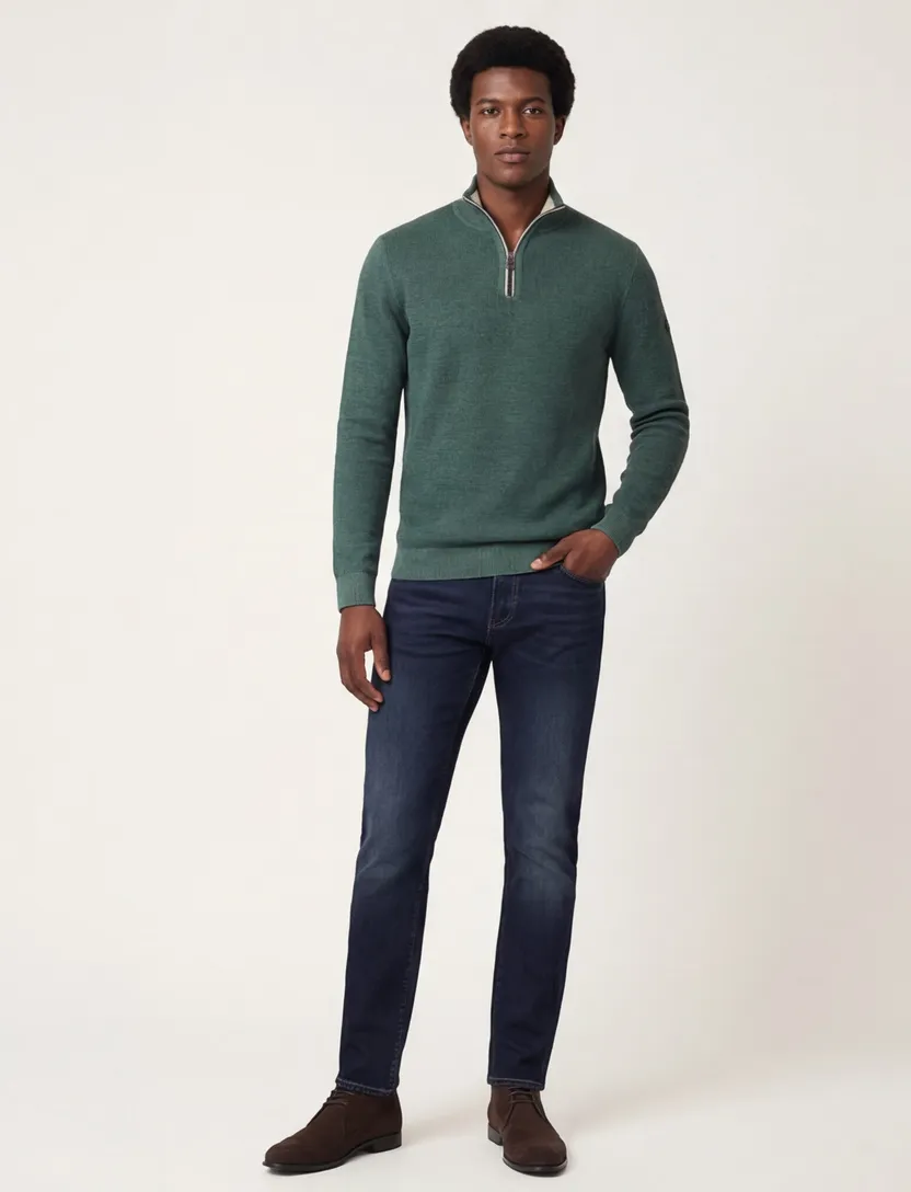 katoenen trui Casa Moda half zip effen groen wijde fit