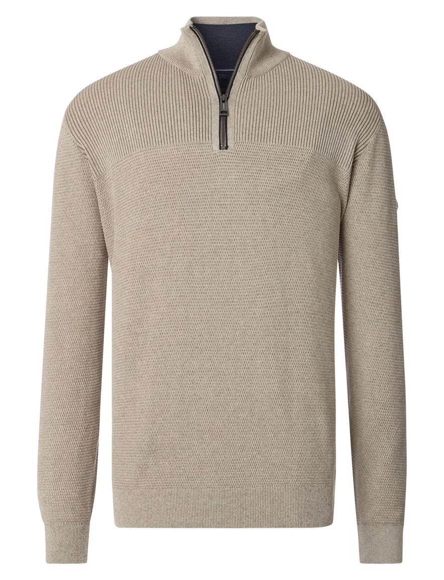 Casa Moda half zip gemêleerd beige trui katoen wijde fit