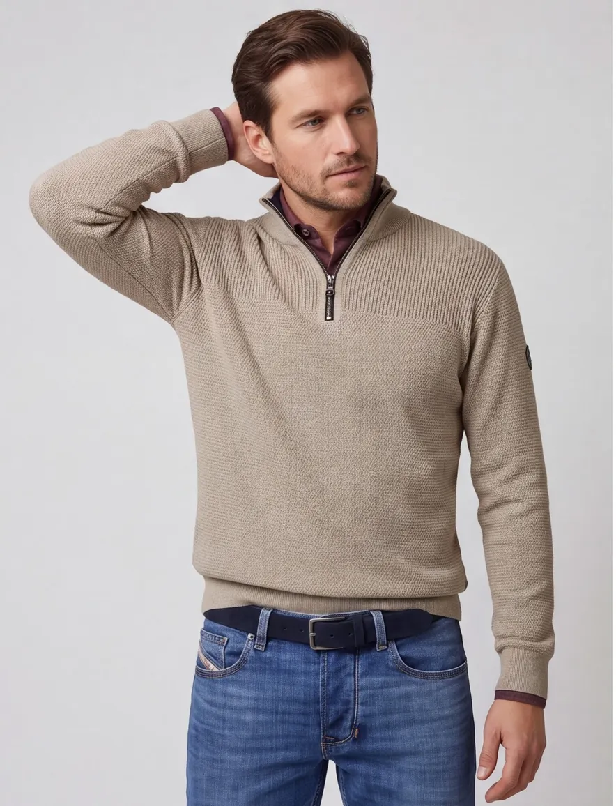 Casa Moda half zip gemêleerd beige trui katoen wijde fit