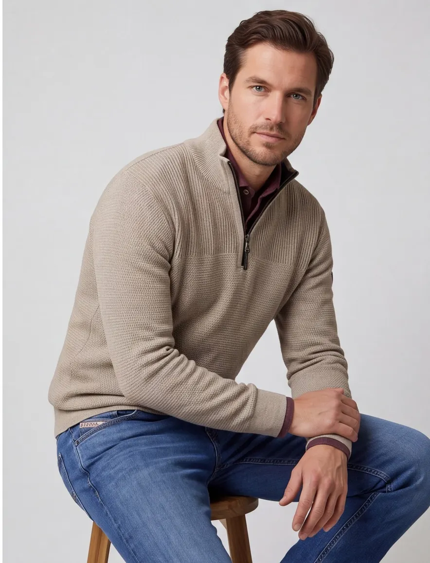 Casa Moda half zip gemêleerd beige trui katoen wijde fit