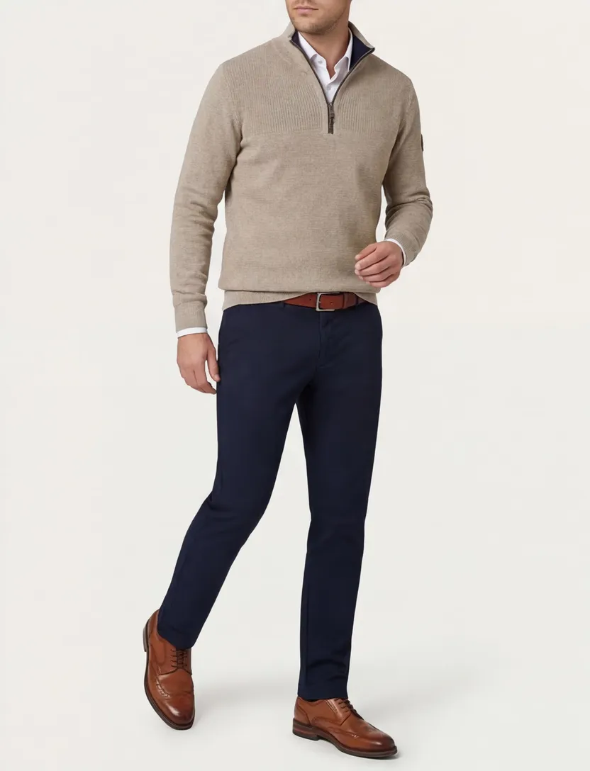 katoenen Casa Moda half zip beige trui wijde fit