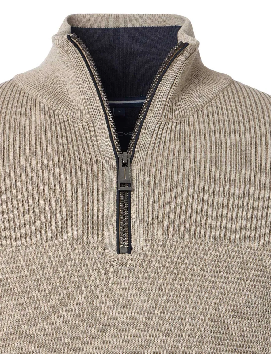 Casa Moda half zip gemêleerd beige trui katoen wijde fit