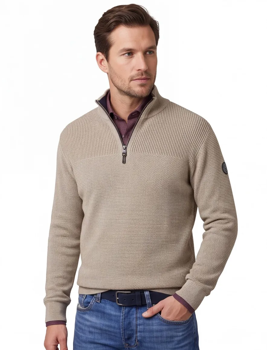 Casa Moda half zip gemêleerd beige trui katoen wijde fit