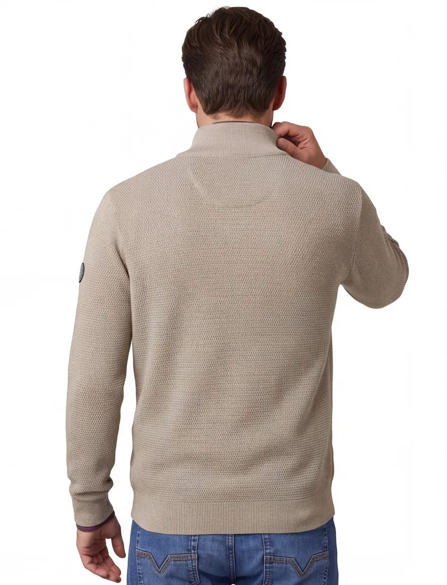 Casa Moda half zip gemêleerd beige trui katoen wijde fit