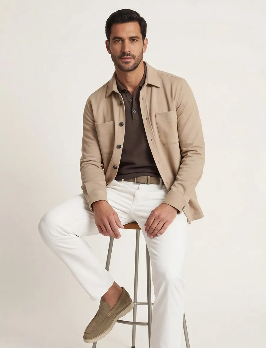 Casa Moda overshirt beige gemeleerd dubbele borstzak