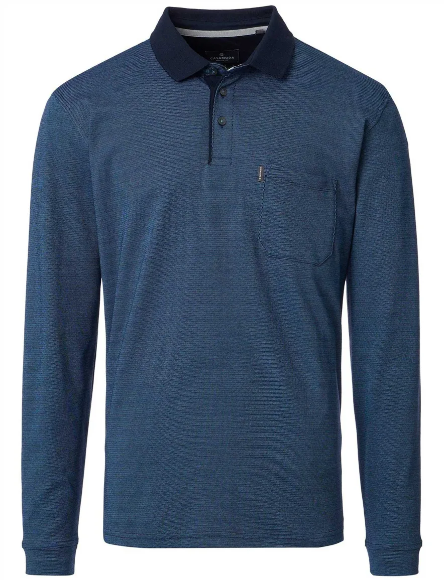 Casa Moda Polo lange mouw donkerblauw effen met borstzak