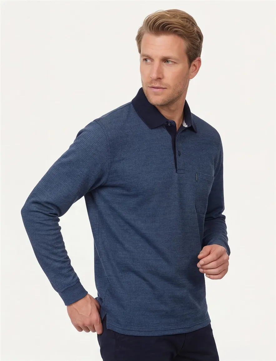 Casa Moda Polo lange mouw donkerblauw effen met borstzak