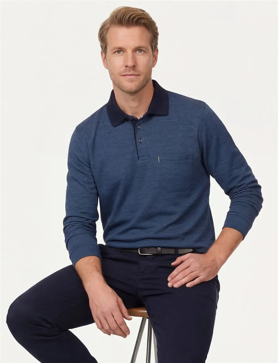 Casa Moda Polo lange mouw donkerblauw effen met borstzak