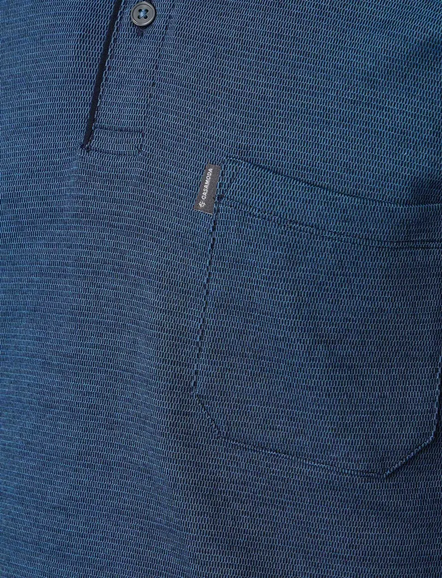 Casa Moda Polo lange mouw donkerblauw effen met borstzak