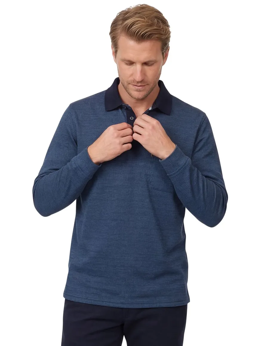 Casa Moda Polo lange mouw donkerblauw effen met borstzak