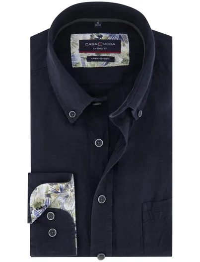 Casa Moda overhemd Casa Moda donkerblauw borstzak linnen