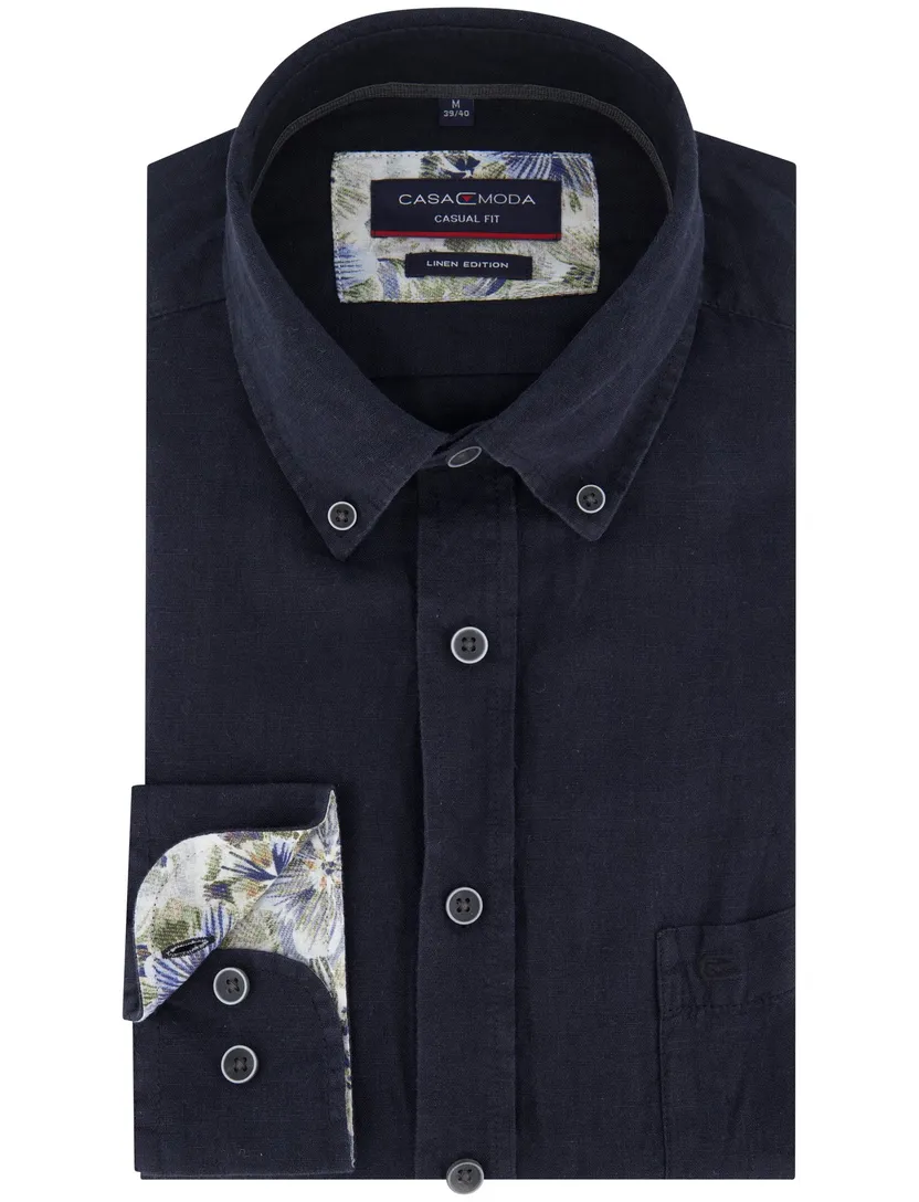 overhemd Casa Moda donkerblauw borstzak linnen