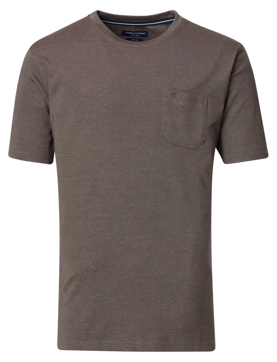 Casa Moda T-shirt bruin effen borstzak wijde fit katoen