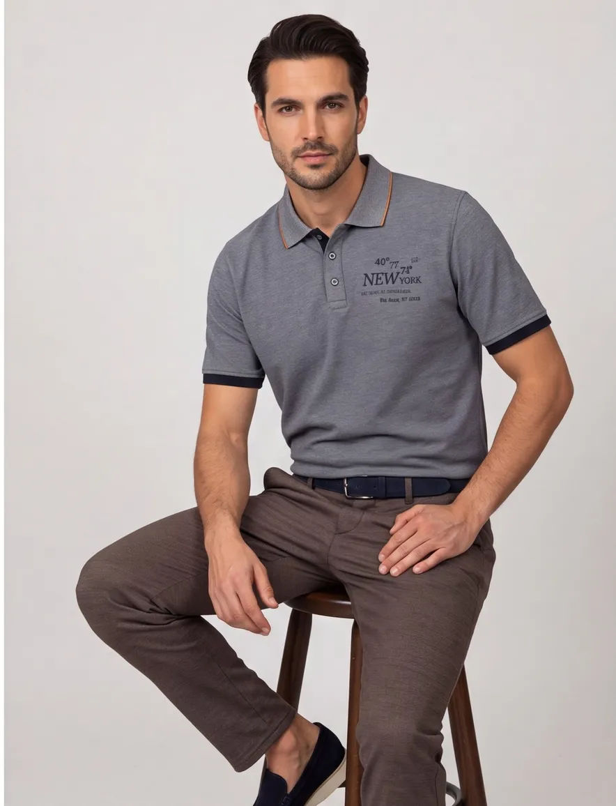 Casa Moda polo blauw pique 3 knoops katoen