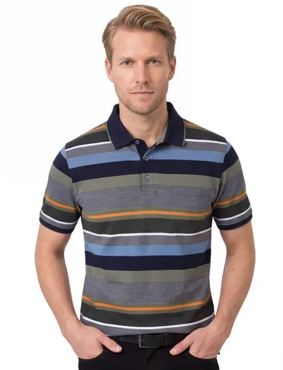 Casa Moda Casa Moda polo grijs groen gestreept korte mouw