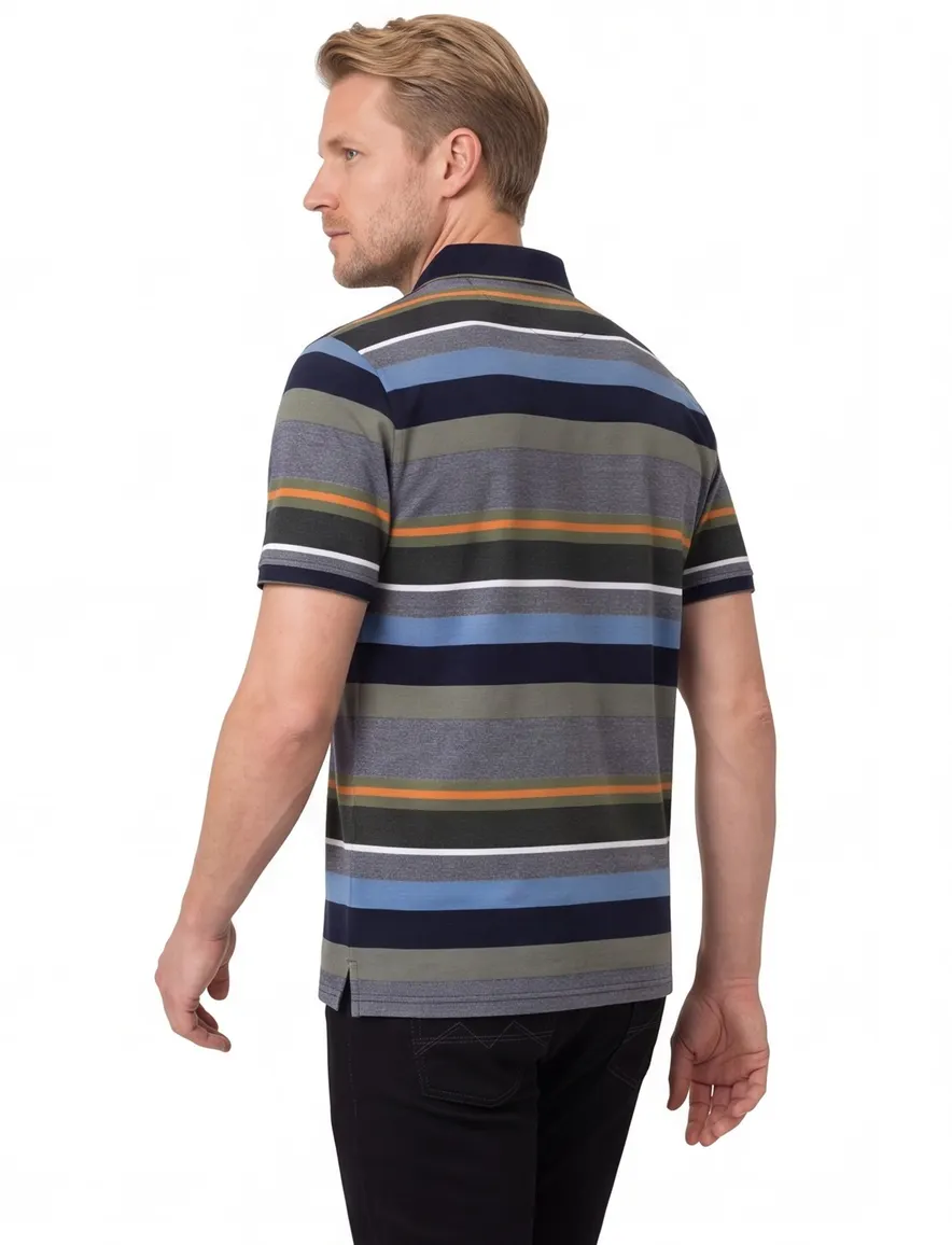 Casa Moda polo grijs groen gestreept met borstzak