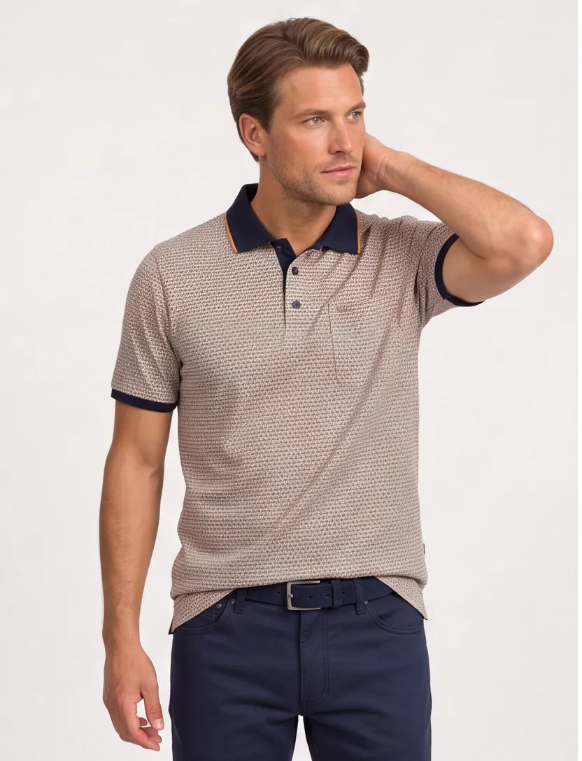 Casa Moda polo donkerblauw geprint met borstzak