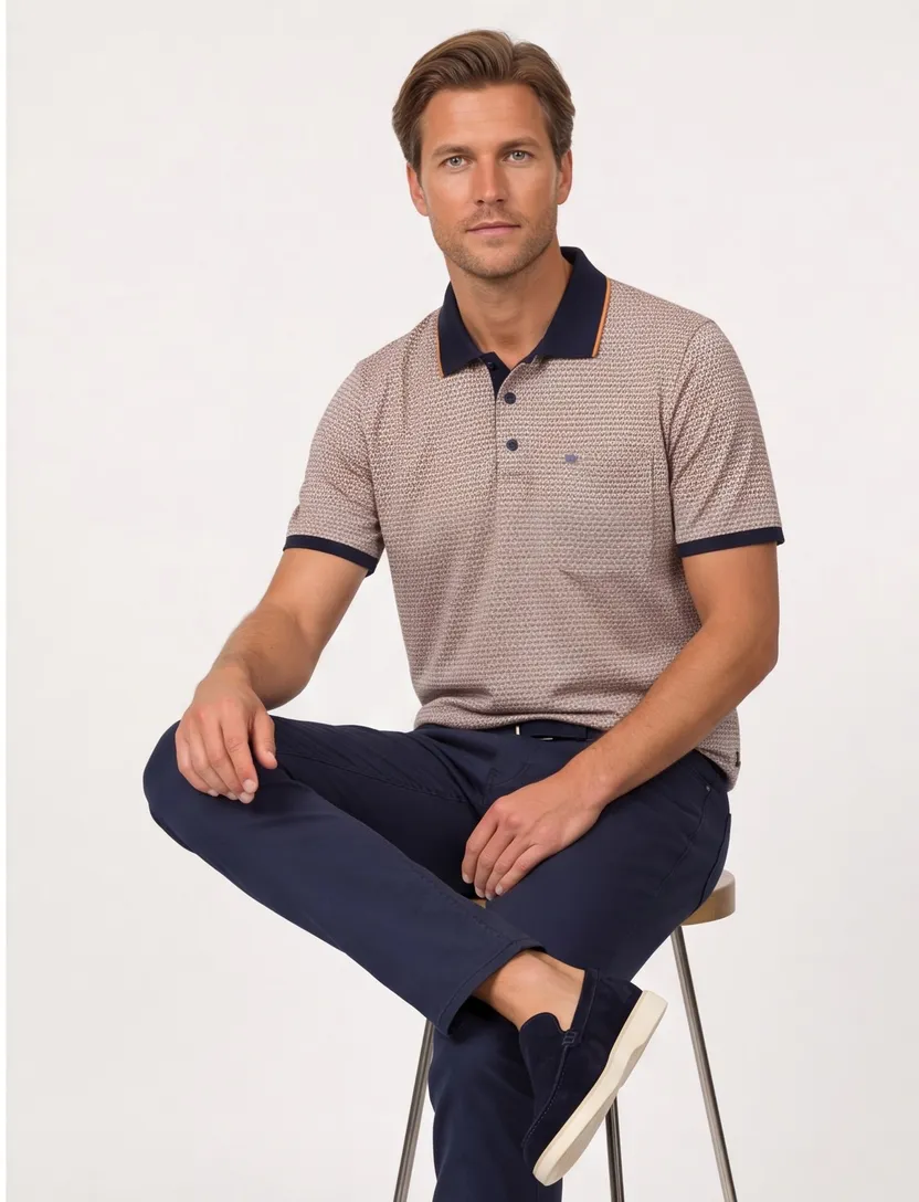 Casa Moda polo donkerblauw geprint met borstzak