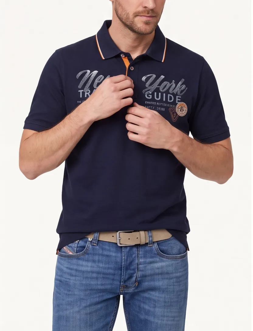 Casa Moda polo donkerblauw opdruk effen