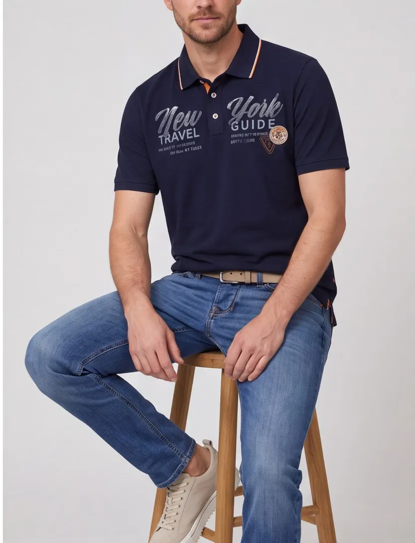Casa Moda polo donkerblauw opdruk effen