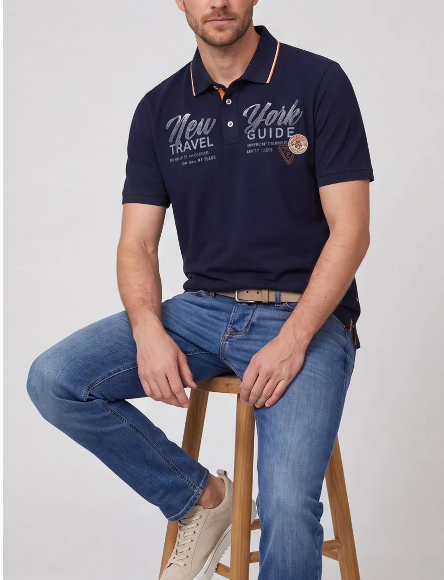 Casa Moda polo donkerblauw opdruk korte mouw