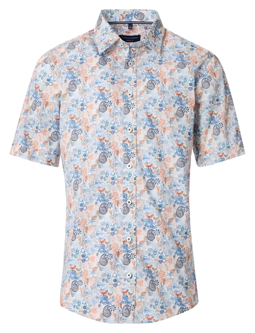 Casa Moda overhemd geprint blauw korte mouw wijde fit