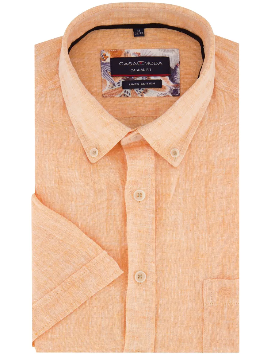 Casa Moda korte mouw overhemd oranje linnen wijde fit